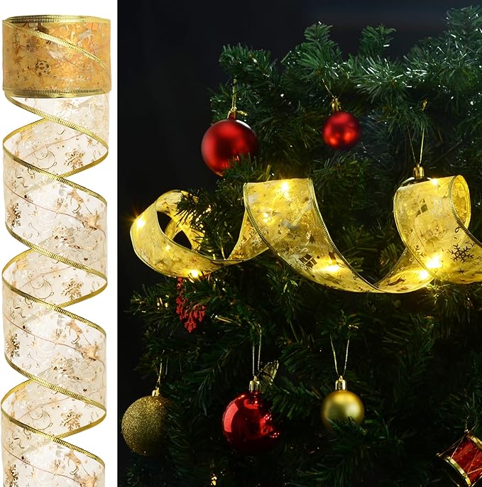 Christmas Decorations, 2.5Inch x 33Ft 100 Led Christmas Tree Ribbon Lights with Remote Control, Battery Operated & USB Powered 8 Lighting Modes Fairy String Lights with Timer for Xmas Decor