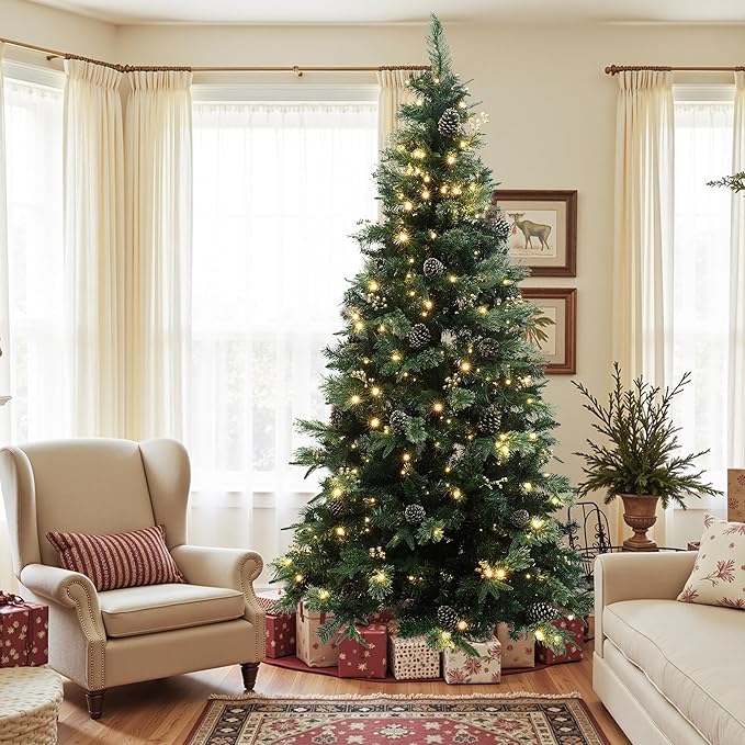 LuxenHome 7.5FT Prelit Christmas Tree with Lights, Slim Artificial Christmas Tree with 350 LED Lights and Pine Cone, 1247 PE+PVC Branch Tips, Plug-in Prelit Pine Tree Indoor, Outdoor Holiday Décor