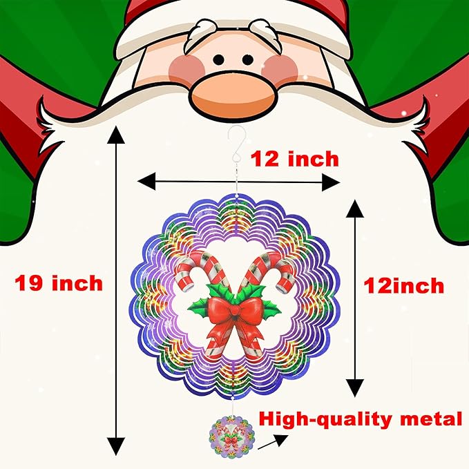 Wind Spinners Outdoor Christmas Candy Cane - Birthday Gifts for Women Mom Grandma, Hanging Wind Sculptures 12 inch 3D Wind Spinner for Garden Decor for Outside, Garden, Patio, Yard, Outdoor
