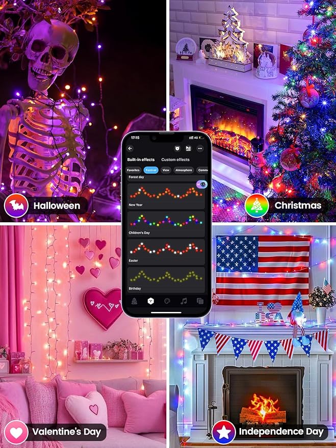 Smart Color Changing Christmas Lights with Remote & APP, 208FT 600 LED RGB Dimmable Christmas String Lights, Waterproof Fairy Twinkle Light for Indoor Outdoor Xmas Tree Wedding Halloween Decorations