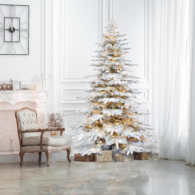 Fraser Hill Farm 10-Ft. Pine Valley Flocked Artificial Christmas Tree with Warm White LED Lights and Stand, Prelit Foldable Fake Tree with Realistic Snowy Foliage for Home Decoration