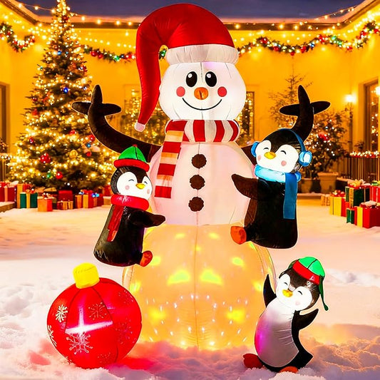 VIVOHOME 6FT Christmas Inflatable Outdoor Decoration, Snowman with Penguin and Red Ball, Navidad Blow Up Yard Decor with Built-in LED Light for Lawn, Garden, Party