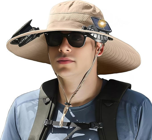 Wide Brim Solar Fan Hat for Men Women- UPF 50+ Sun Bucket Hat with 2 Built-in Solar Powered Fans for Fishing, Hiking & Beach