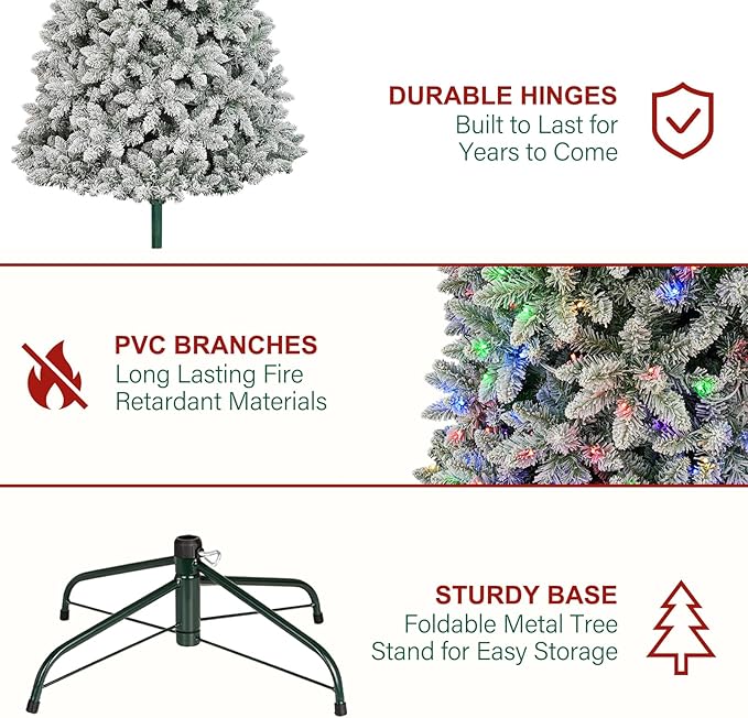 Hykolity 7.5 ft Prelit Snow Flocked Christmas Tree with Remote Control, 1446 PVC Branch Tips, Artificial Hinged Christmas Tree with 450 Multi-Color RGB Lights for Home, 15 Modes