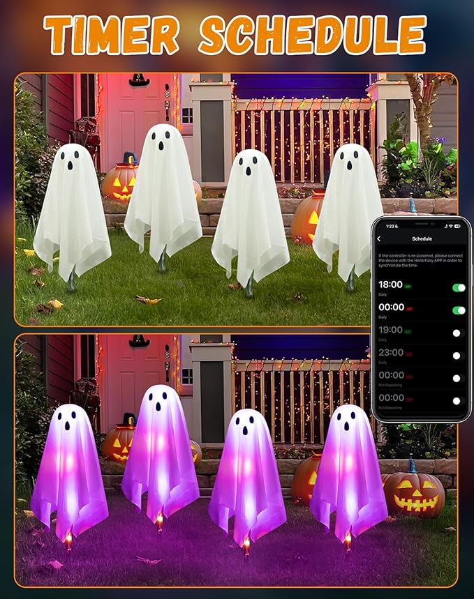 4Packs Halloween Decorations Outdoor Ghost Pathway Lights,Light Up Ghost Decor with APP Control&Remote, Color Changing, DIY Lights, Dimming, Music Synic, Halloween Pathway Light for Porch Yard Garden