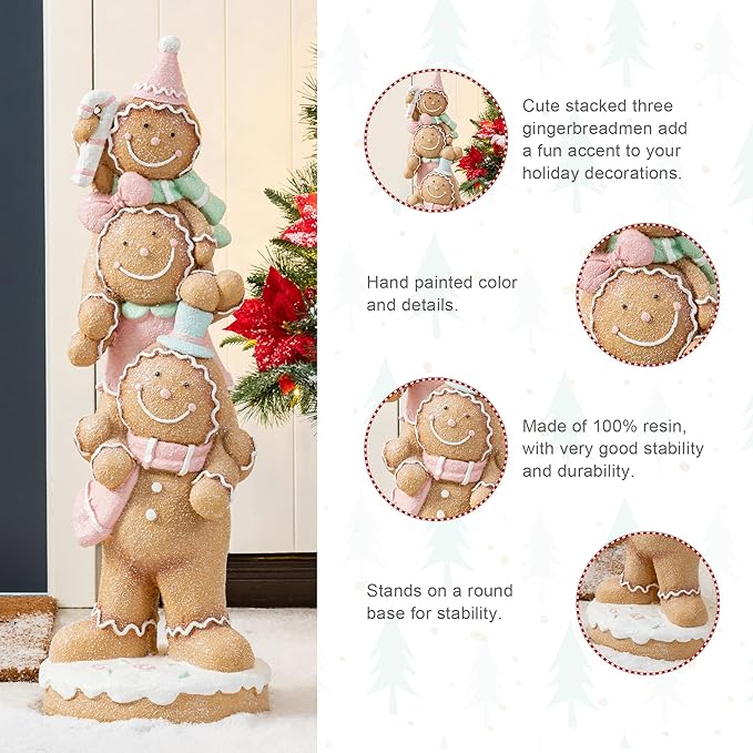 Glitzhome Christmas Front Porch Decor, Macaron Pink Resin Stacked Gingerbread Man Xmas Porch Sign Decoration for Indoor Outdoor Patio Standing Decor, 29.25" H