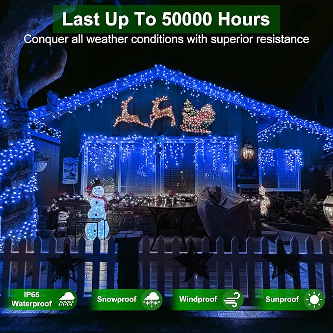 1296 LED Outdoor Christmas Lights with 288 Drops, 131FT Christmas Fairy Lights with 8 Modes Timer, Twinkly Lights IP44 Waterproof for Eaves Yard Room Holiday Wedding Party Decor (Blue)