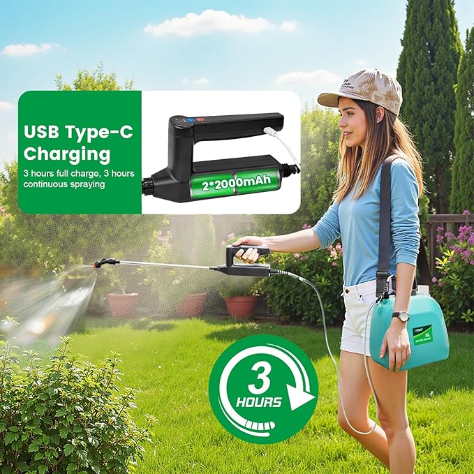 VAXMAY Battery Powered 1.35 Gallon Electric Sprayer, 3 Speeds, 4 Nozzles, Rechargeable, Green, Garden & Lawn