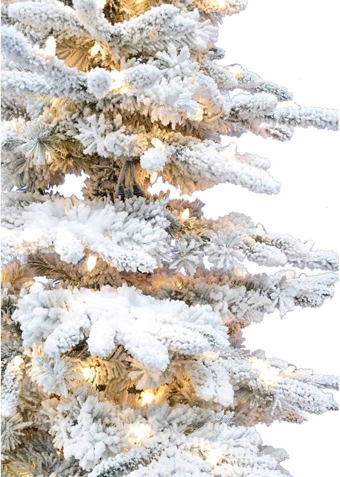 Fraser Hill Farm Pine Valley Flocked Christmas Tree, 12 Feet Tall, Large Flocked Xmas Tree with White Incandescent Smart Lights, Easy to Connect and Set up