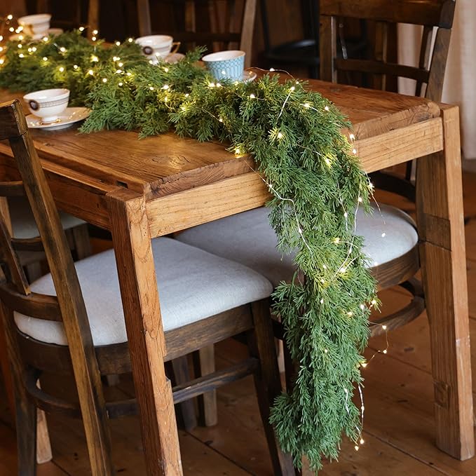 6FT Christmas Garland PARTY JOY Cedar Garland with 9.8FT LED String Lights, Greenery Plant for Christmas Decorations Table Mantle Background Wall Room Outdoor Indoor Winter Decoration