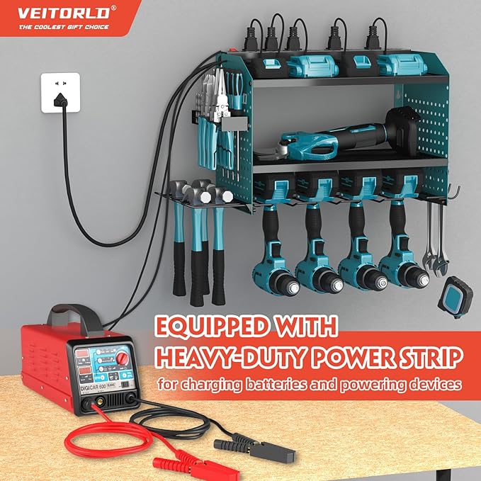 Veitorld Power Tool Organizer with Charging Station, Heavy Duty Modular Wall Mount Rack for Garage - 4 Drill Holders, Tool Storage Organizer, Christmas Birthday Gifts for Men Him Dad Husband