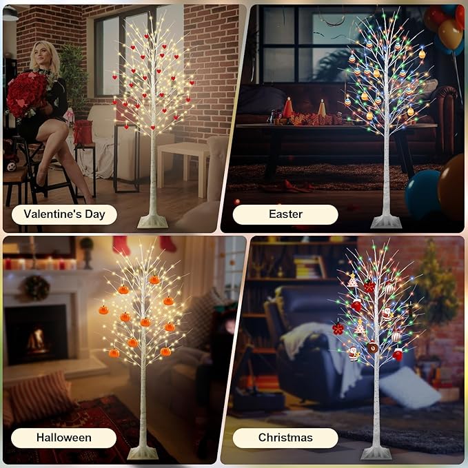 8FT Lighted Birch Tree with 210 LED Warm White and Multicolor Lights, 8 Modes, Timer Remote Faux Light Up Twig Christmas Tree for Indoor Outdoor Xmas Holiday Party Garden Decoration (2 Pack)