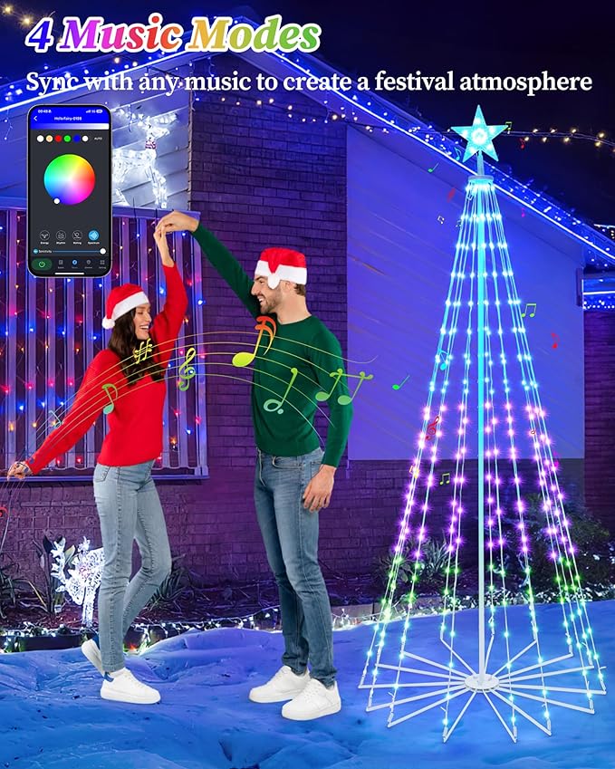Brightever 8FT 355 LED Smart Cone Christmas Tree, Outdoor Prelit Christmas Tree with 16 Million DIY RGB LED Light Show, Remote APP Control Color Changing Music Sync for Xmas Outdoor Decorations