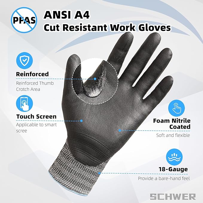 Schwer A4 AIR-SKIN Cut Resistant Work Gloves AR5918 with Extreme Lightweight & Thin, Grip Gloves for Fishing, Gardening, Mechanic, Refined Work, Touch-Screen, Non-PFAS, 3D-Comfort Fit, 1 Pair (L)