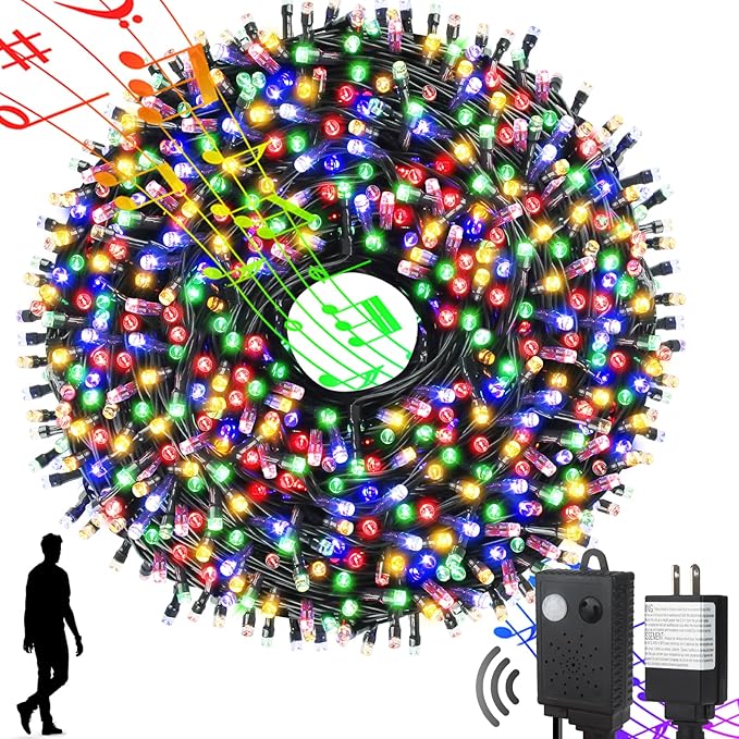 Motion Sensor Music Christmas Lights Outdoor Indoor, 108FT 300LED Christmas Tree Lights, Multicolor Christmas String Lights for Tree Party Holiday