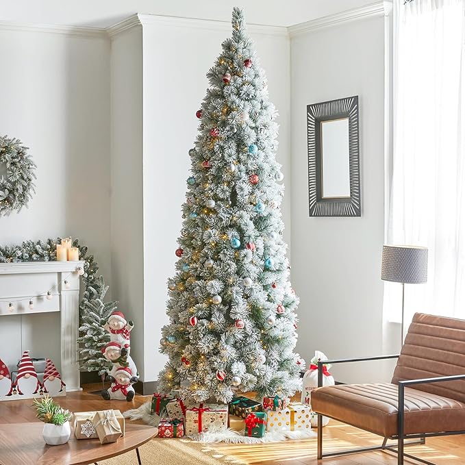 Glitzhome 9ft Pre-Lit Flocked Pencil Pine Artificial Christmas Tree with 500 Warm White Lights and Foldable Metal Stand for Home, Office, Party Decoration, Easy Assembly