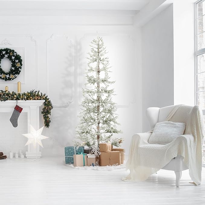 Casafield 7.5FT Pre-Lit Sparse Flocked Pine Artificial Holiday Christmas Tree with Sturdy Metal Stand