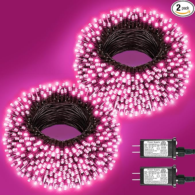 2 Pack Christmas Lights Outdoor, Total 200FT 600LED String Lights for Outside with 8 Modes Waterproof, Green Wire Twinkle Tree Lights for Indoor Room Patio Garden Party Decorations, Pink