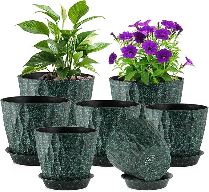 7/6.5/6/5.5/5/4.5/4 inch Plant Pots for Indoor Outdoor Plants, 7 Pack Thick Flower Pots with Drainage Holes and Saucers, Wave Texture Plastic Planters Nursery Pots, Black with Green Speckles