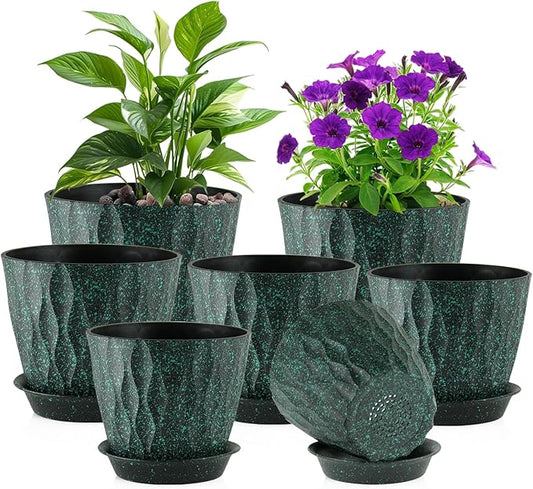 7/6.5/6/5.5/5/4.5/4 inch Plant Pots for Indoor Outdoor Plants, 7 Pack Thick Flower Pots with Drainage Holes and Saucers, Wave Texture Plastic Planters Nursery Pots, Black with Green Speckles