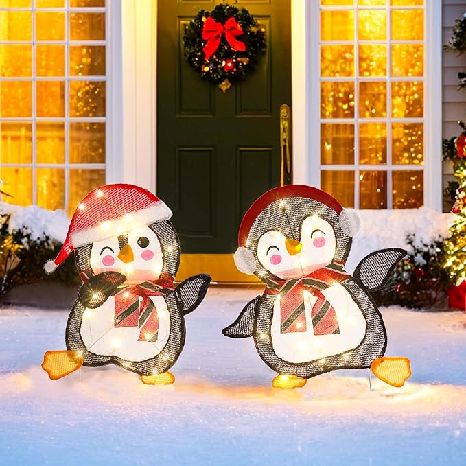 GENIMO 2-Piece 2D Penguin Outdoor Christmas Decorations, 50 Lights Penguin, Pre-Lit Clear Light Up Decor for Holiday Outside Indoor Home Lawn Yard Garden Patio with Scarf Stakes Zip Ties(23.5 in)