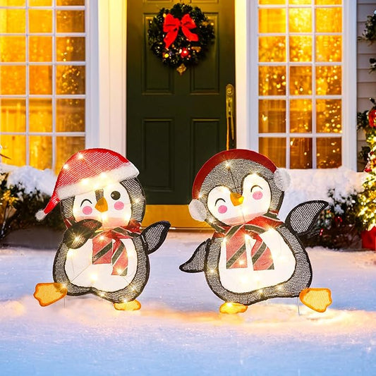 GENIMO 2-Piece 2D Penguin Outdoor Christmas Decorations, 50 Lights Penguin, Pre-Lit Clear Light Up Decor for Holiday Outside Indoor Home Lawn Yard Garden Patio with Scarf Stakes Zip Ties(23.5 in)