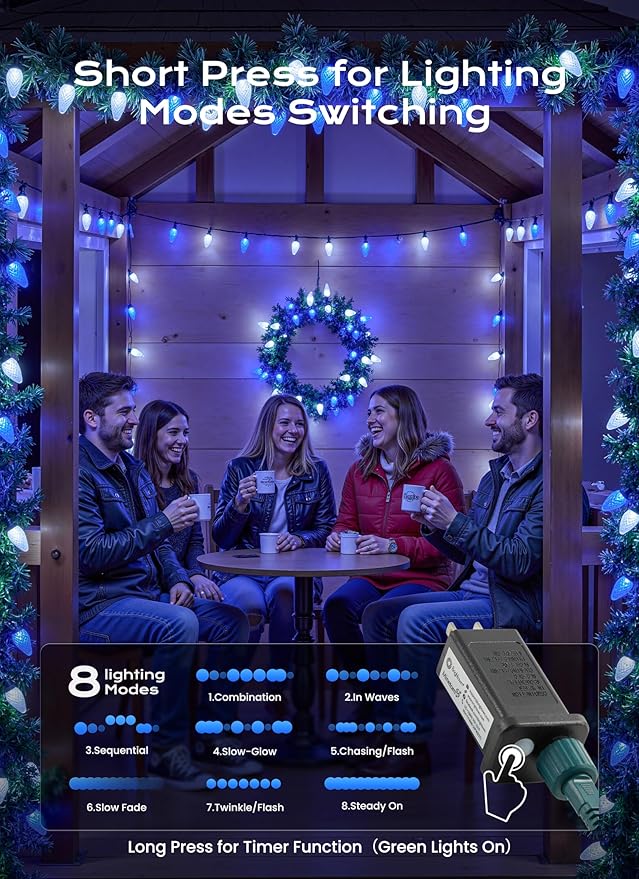 C9 Christmas Lights Outdoor, 66 FT 100 LED Connectable C9 String Lights with 8 Modes and Timer Xmas Tree Patio Roofline Garden Yard Holiday Party Indoor Outdoor Decoration, Blue and White