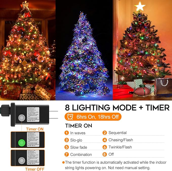 66ft 200 LED Christmas Tree String Lights Outdoor Fairy Lights Plug in, Expandable Green Wire Clear Bulbs Mini Lights 8 Modes, Xmas Wedding Party Decoration (Multicolor)