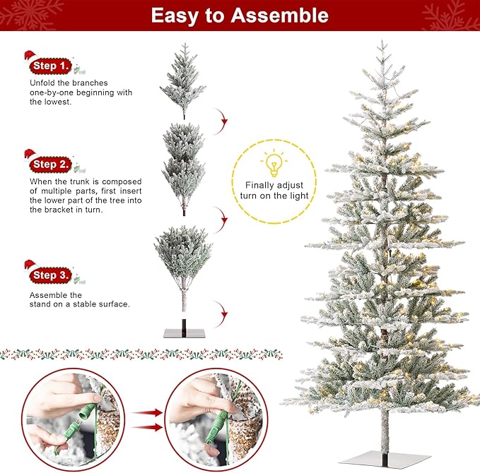 Glitzhome 8ft Deluxe Pre-Lit Flocked Artificial Christmas Tree, Majestic Frostfall Fir Hinged Holiday Xmas Tree with 450 Warm White Lights, Three Function, Easy Assembly