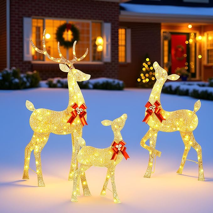 YULETIME 3-Piece Pre-lit 2.5D Christmas Reindeer Family, Lighted Glitter Deer Holiday Decoration With Warm White LED Lights