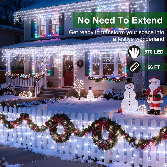 670 LED Christmas Lights with 148 Drops, 66ft 12 Modes Hanging ice String Lights with Timer & Dimmable & Waterproof, Plug-in Fairy Lights for Tree Holiday Wedding Party Christmas Decor Cool White