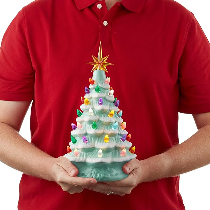 Casafield Hand Painted Ceramic Christmas Tree, Seafoam Snow Flocked 12-Inch Pre-Lit Tree with 100 Multi Color Lights and 2 Star Toppers