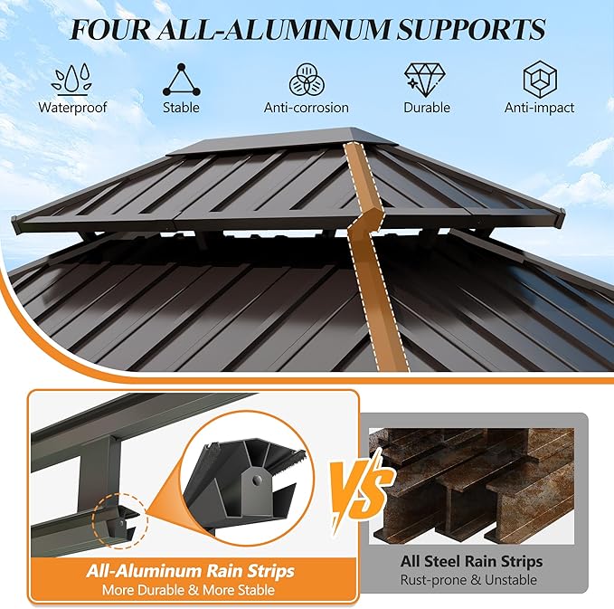 GARTOO 12' x 16' Outdoor Wood Gazebo - Permanent Wooden Hardtop Gazebo Pavilion with Double Curtains, Galvanized Steel Roof Cedar Wood Gazebos for Poolside, Garden, Lawn, Backyard Deck