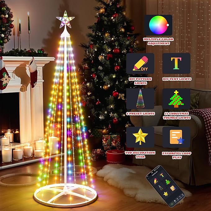5FT Outdoor Christmas Tree Lights, Multicolor Prelit Smart Cone Christmas Tree with Star, Music Sync, App & Remote Control, LED Light Show Tree for Indoor Outdoor Decorations