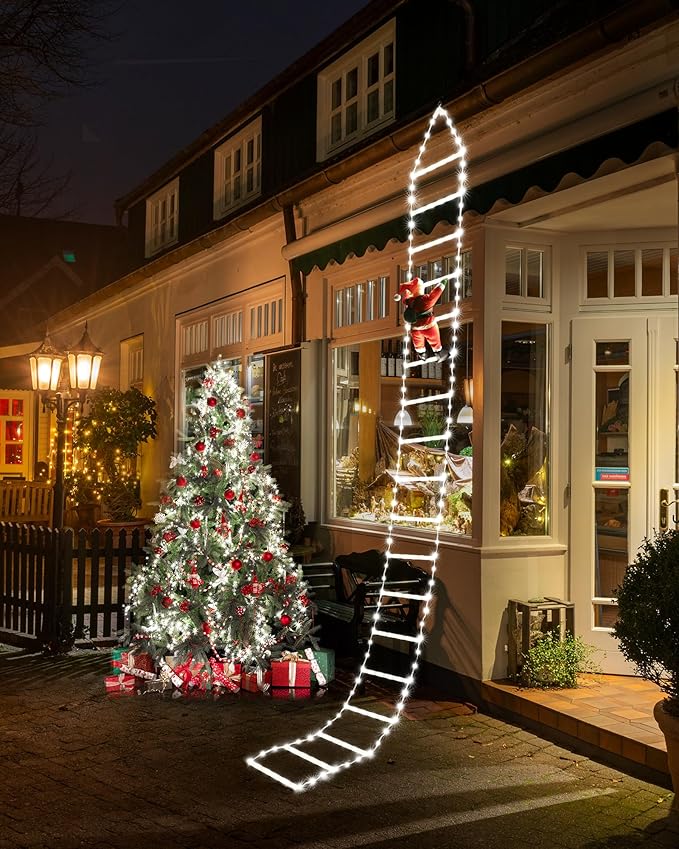 Toodour LED Christmas Lights - 10ft Christmas Decorative Ladder Lights with Santa Claus, Xmas Decorations Light for Indoor Outdoor, Window, Garden, Home, Wall, Xmas Tree Decor - White
