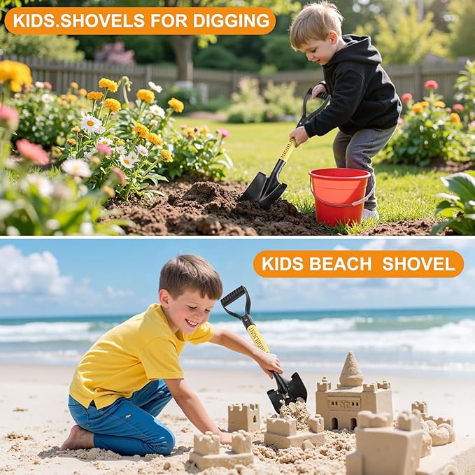 HIGHLIGHT Kids Shovel, Small Shovels for Digging, Overall Length 28 Inches, Mini D Handle, Gardening Shovel, Metal Beach Shovel, Camping, Snow, Wood Handle