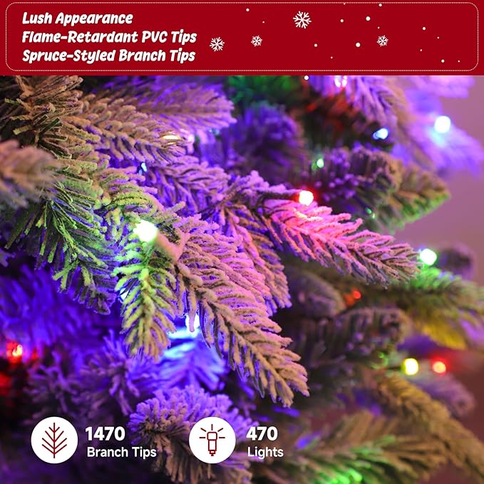 Pre-Lit Artificial Christmas Tree, 7.5FT Snow Flocked Full Appearance Pine Xmas Tree with Rotating Metal Stand, 470 Warm & Multi-Color LED Lights with Music Function for Holiday Decoration