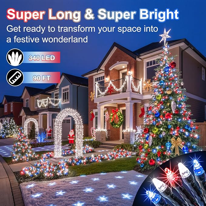 340 LED 90FT Christmas String Lights Outdoor, 12 Pro Modes and Timer Memory & Brightness, Plug in Waterproof Dark Green Wire Twinkle Light for for Xmas Yard Tree Wedding Party Decor Red White Blue