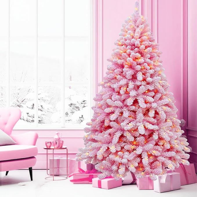 Christmas Tree, 7.5ft Flocked Pink Christmas Tree Prelit with Lights, 10 Functions, 400 Lights, Spruce Artificial Christmas Tree Prelit with Realistic Tips & Sturdy Metal Base Easy Assembly