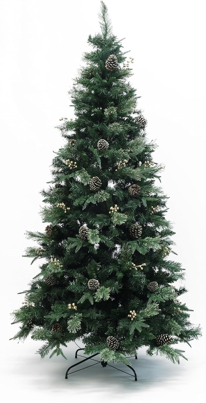 LuxenHome 6.5FT Prelit Christmas Tree with Lights, Slim Artificial Christmas Tree with 300 LED Lights and Pine Cone, 978 PE+PVC Branch Tips, Plug-in Prelit Pine Tree Indoor, Outdoor Holiday Décor