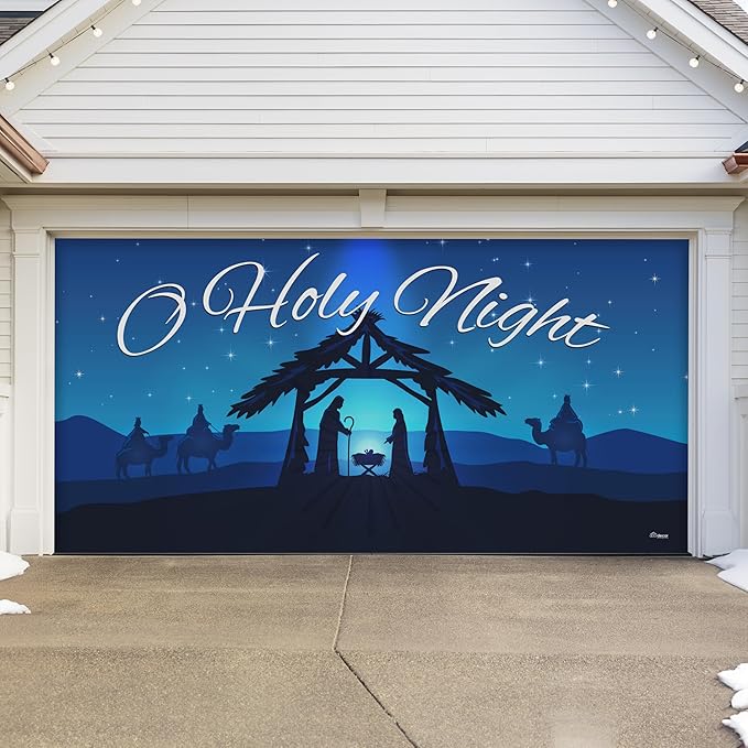 7' x 16' Peaceful O Holy Night Nativity Garage Door Banner - Designed to Move with Door | Sacred Christmas Double Garage Door Decoration