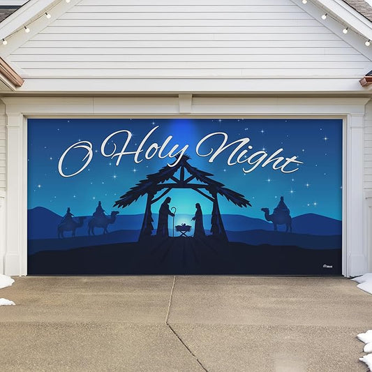 7' x 16' Peaceful O Holy Night Nativity Garage Door Banner - Designed to Move with Door | Sacred Christmas Double Garage Door Decoration