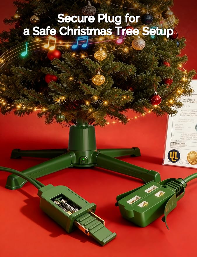 COOLWUFAN Musical Rotating Christmas Tree Stand with Remote Control, Built-in Electrical Outlets Xmas Tree for Up to 9ft Artificial Trees, Stable 360 Degree Spinning Tree Base Holder