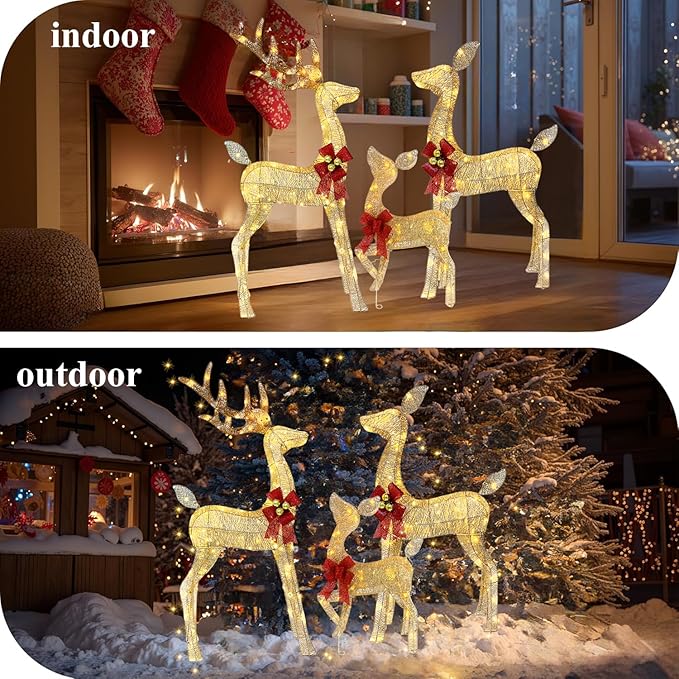 4ft Outdoor Lighted Reindeer Christmas Decorations, 3-Piece Reindeer Family Set with 240 LEDs, Bells, Red Bows, Durable Weatherproof Metal Frame for Yard, Garden, Indoor Holiday Decor, Gold