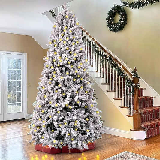 7.5ft Snow Flocked Christmas Tree Pre-lit with 798 Warm & Multi-Color Automatic Lights Christmas Tree with 1869 PVC Branch Tips Xmas Tree for Holiday Home Decor