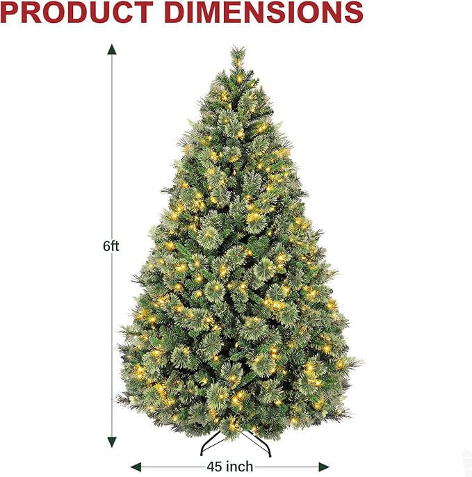 Hykolity 6 ft Pre-lit Christmas Tree with 350 Warm White LED Lights, Artificial Christmas Pine Tree with 1016 PVC Branch Tips, Easy Assembly with Metal Stand and Hinged Branches
