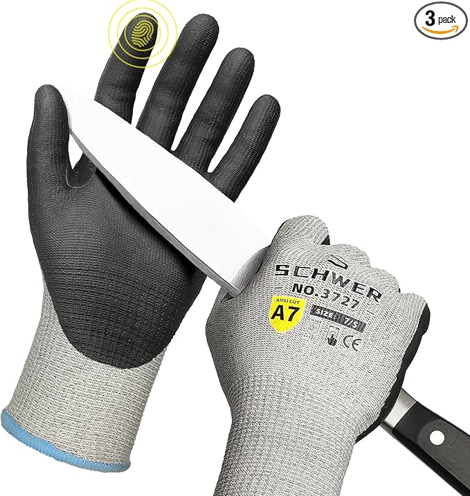 3 Pairs High Level Cut Resistant Work Gloves for High Risk Work, ANSI A7 Cutting Gloves with Reinforced Thumb, Used for WoodWorking, Construction, Non Slip, Durable, Breathable & Cool, S, PR3727