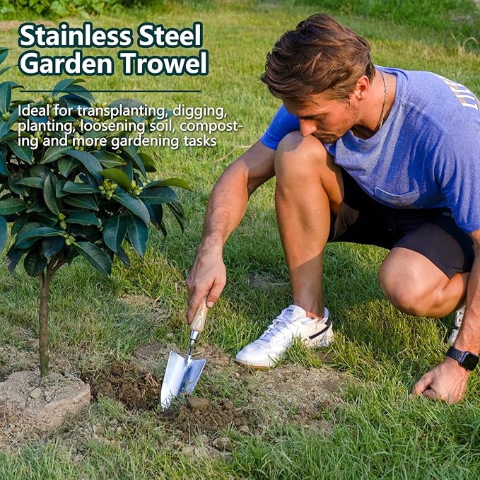 Berry&Bird Garden Tool Set 3 Pieces Stainless Steel Heavy Duty Gardening Kit Includes Hand Trowel, Hand Cultivator and Hand Fork with Wood Handle for Weeding Transplanting Digging, Ideal Garden Gifts