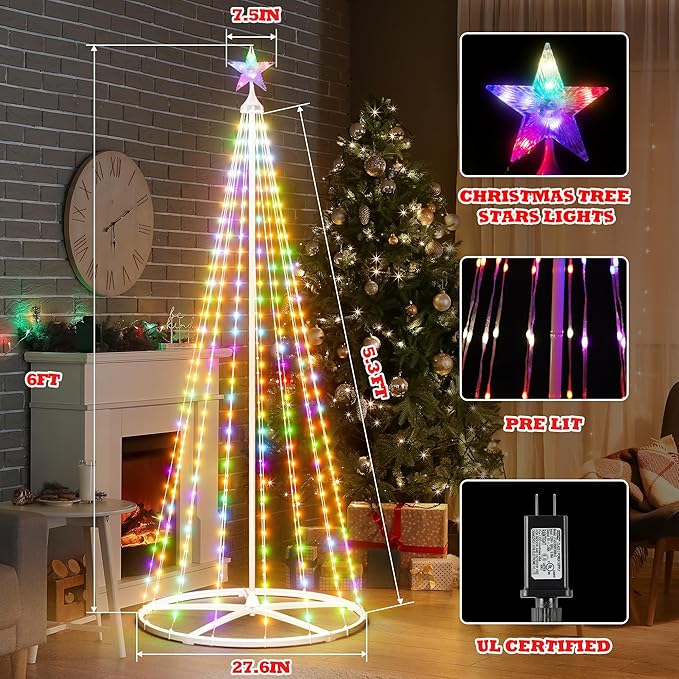 6FT Outdoor Christmas Tree Lights, Multicolor Prelit Smart Cone Christmas Tree with Star Topper, Music Sync, App & Remote Control, LED Light Show Tree for Indoor Outdoor