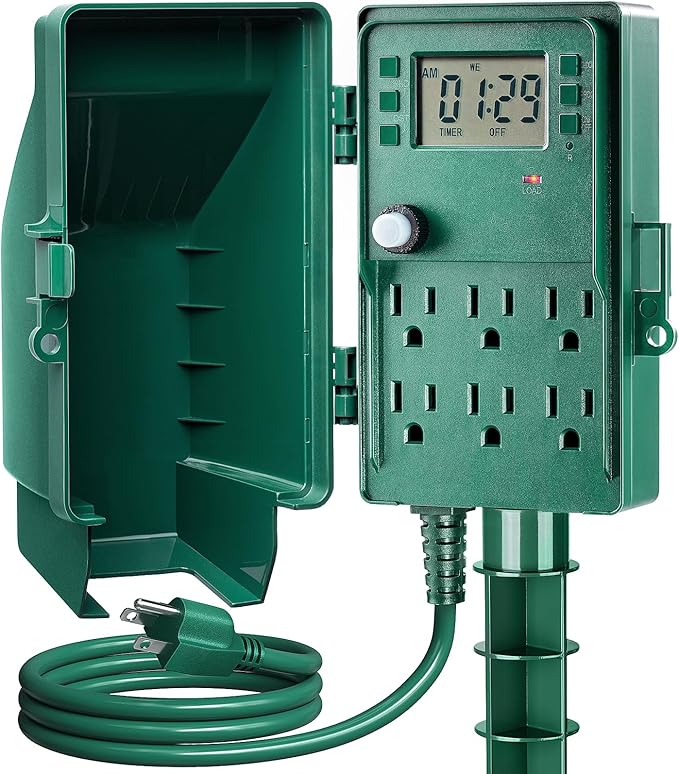 SURAIELEC Outdoor Power Stake, 7-Day Programmable Digital Timer, Power Strip Weatherproof, 6 Multi Plug Electrical Outlet Waterproof, 6FT Extension Cord, for Outside Yard Light, Christmas Decorations